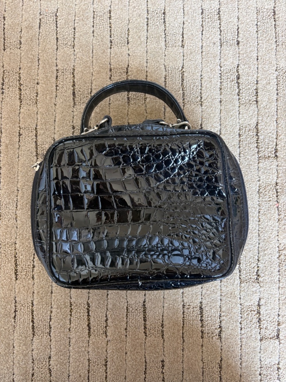 Glossy Black Croc-Embossed Patent Top Handle Bag Nine West